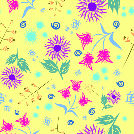 Seamless floral pattern. Modern abstract bright colorful style. Hand drawn, vector - stock. Background or wallpaper, pattern for fabric or textileの写真素材