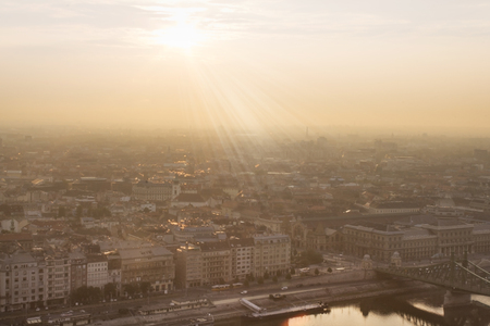 Foggy or misty morning over european city Budapest, Hungary.の写真素材