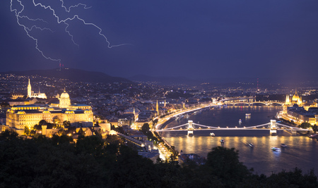 Night cityscape of old european town Budapest, Hungaryの写真素材