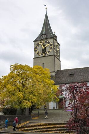 ZURICH, SWITZERLAND - OCT 130th, 2018: Classic beautiful and colorful swiss cityscape or landscape...