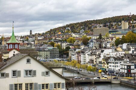 ZURICH, SWITZERLAND - OCT 130th, 2018: Classic beautiful and colorful swiss cityscape or landscape at rainy autumn dayのeditorial素材