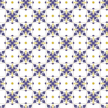 Azuleyo seamless pattern yellow and blue ornament.Portugal geometric ceramics.