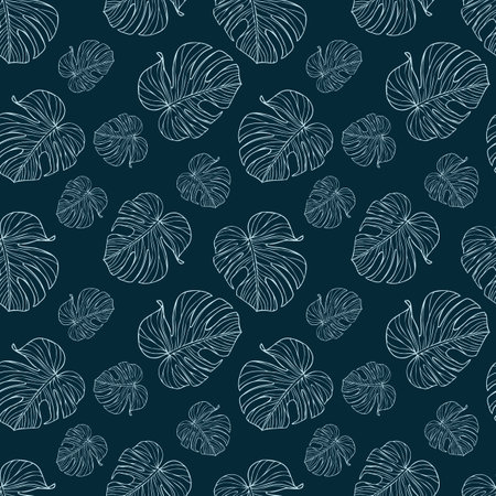Monstera green leaves seamless pattern for textile or wallpapers. Vector tropical leaves backgroundのイラスト素材