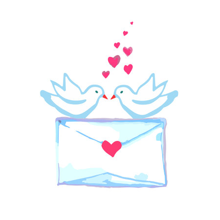 Dove with pink hearts on letter compositions for scrapbook or card. Vector Valentines day hand drawn illustrationsのイラスト素材