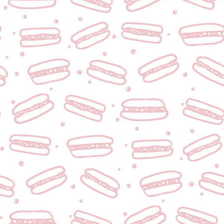 Macaroon seamless pattern with sweet food. Hand drawn colorful cake vector illustration background for surface design, textile, fabric, scrapbook or wallpaper.のイラスト素材