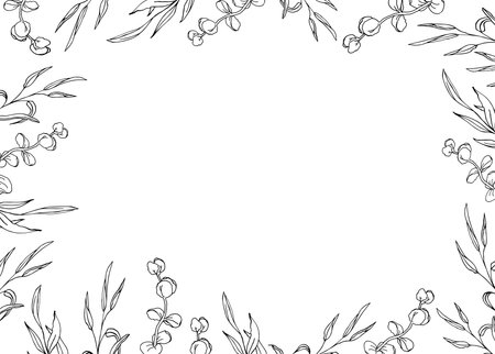 Floral eucalyptus horizontal banner frame, line art hand drawn eucalyptus leaves, vector wreath illustration for card or wedding invitation. Isolated on white backgroundのイラスト素材