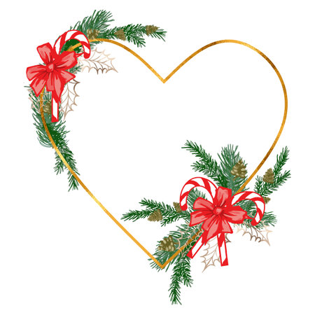 Christmas golden heart wreath with pine branch for card or invite. Vector hand drawn illustration, isolate on white background.のイラスト素材