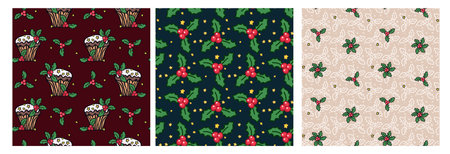 Seamless pattern set with Christmas botanical greenery plants. Endless texture for gift wrap, wallpaper, web banner, wrapping paper and fabric. Vector holiday background.のイラスト素材