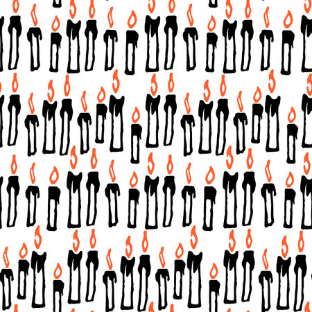 Cozy seamless pattern with doodle hand drawn elements of candle. Endless texture for gift wrap, wallpaper, web banner, wrapping paper and fabric. Vector holiday backgroundのイラスト素材