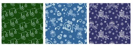 Cozy winter seamless pattern set with doodle hand drawn elements of candle and branch. Endless texture for gift wrap, wallpaper, web banner, wrapping paper and fabric. Vector holiday backgroundのイラスト素材