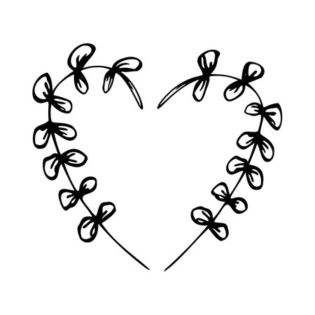 Hearts frame with leaves for Valentines day decor Greenery hand drawn elements, vector isolate on white backgroundのイラスト素材