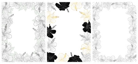 Hibiscus pink flower silhouette and line art seamless pattern for textile, fabric, wallpaper or scrapbook paper. Hand drawn floral tropical illustration, botanical greenery vector background.のイラスト素材