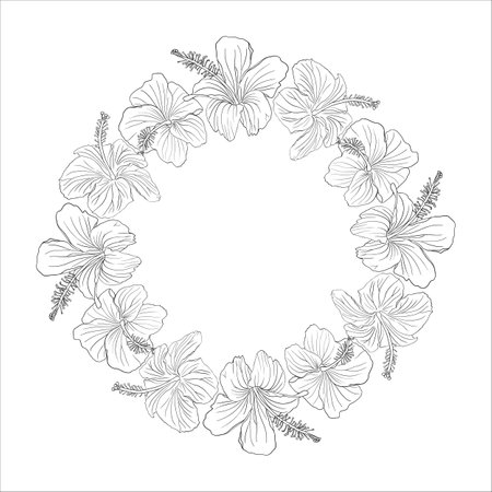 Hibiscus flower black ink circle wreath. Can be used for wedding invitations, greeting cards, scrapbook, print, gift wrap. Hand drawn line art vector illustration.のイラスト素材