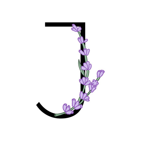 Lavender blossom violet little flower alphabet for design of card or invitation. Vector illustrations, isolated on white background for summer floral gesign.のイラスト素材