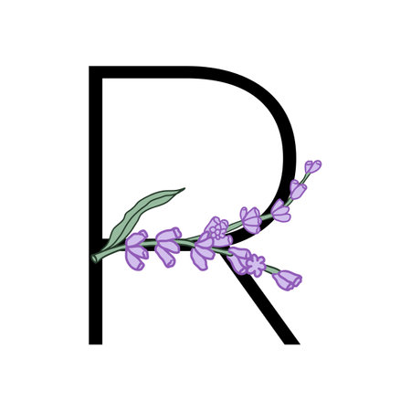 Lavender blossom violet little flower alphabet for design of card or invitation. Vector illustrations, isolated on white background for summer floral gesign.のイラスト素材
