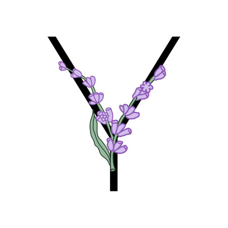 Lavender blossom violet little flower alphabet for design of card or invitation. Vector illustrations, isolated on white background for summer floral gesign.のイラスト素材