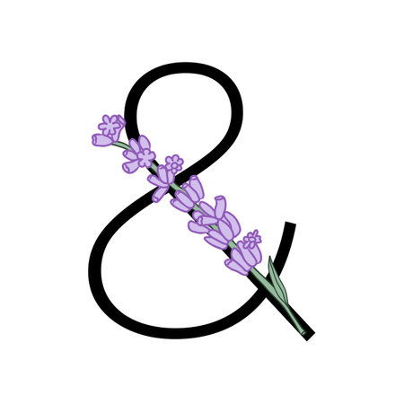 Lavender blossom violet little flower alphabet for design of card or invitation. Vector illustrations, isolated on white background for summer floral gesign.のイラスト素材