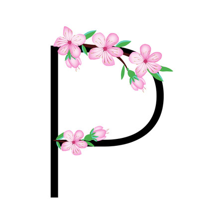 Sakura blossom pink little flower alphabet for design of card or invitation. Vector illustrations, isolated on white background for spring cherry floral gesignのイラスト素材