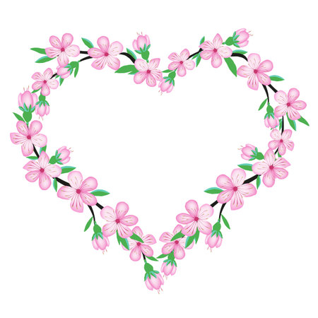 Sakura pink cherry blossom flower branch heart wreath, isolate on white background for wedding card, invite, fabric design, scrapbook, origami. Vector japan style spring backgroundのイラスト素材