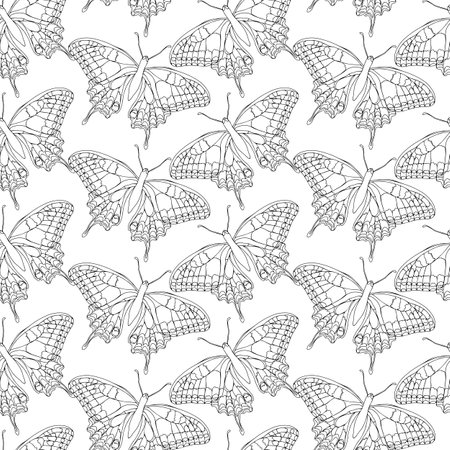 Butterflies black and white ink line vector seamless pattern background for textile, fabric, wallpaper, scrapbook. Insects with wings drawing for surface designのイラスト素材