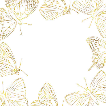 Butterfly golden foil art square frame. Insect butterfly for cards or invitations, scrapbook. Vector background hand drawn illustration, isolate on white background.のイラスト素材