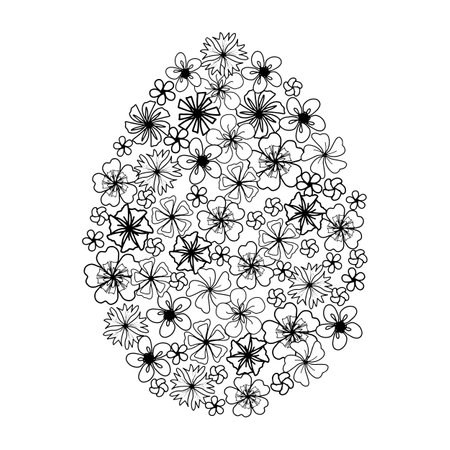 Easter egg flower background, hand drawn floral elements for spring holiday. Black and white line art compositions for coloring page. Vector illustrations for card or invitationsのイラスト素材