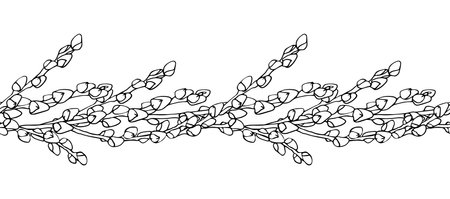 Easter catkins spring wreath, seamless boarder. Willow ink hand drawn branch for design of card, invitations, coloring book, scrapbook.Vector isolate on white backgroundのイラスト素材