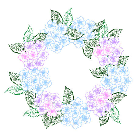 Spring floral circle wreath with hydrangea flower. Violet and blue little flower with green leaves for card or invite.のイラスト素材