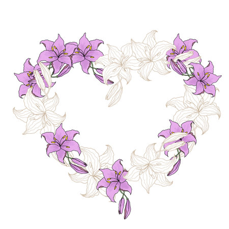 Lillie line art and watercolor flower heart wreath for wedding card or invitations. Hand drawn vector illustration template.のイラスト素材