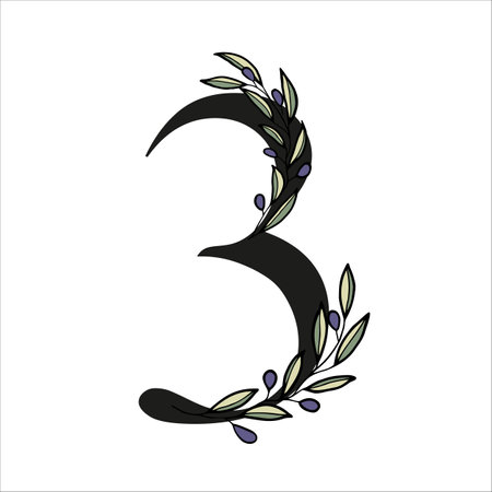 Olive branch alphabet number for decor. Vector hand drawn illustration for designのイラスト素材