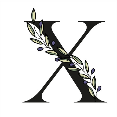 Olive branch alphabet letter for decor of card or wedding invite. Vector hand drawn illustration for designのイラスト素材
