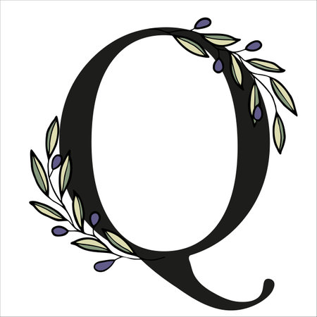 Olive branch alphabet letter for decor. Vector hand drawn illustration for designのイラスト素材