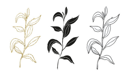 Palm leaves line art, silhouette and glitter simple hand drawn vector illustration set, isolate on white backgroundのイラスト素材