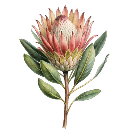 Protea flower with leaves isolated on white backgroundの素材
