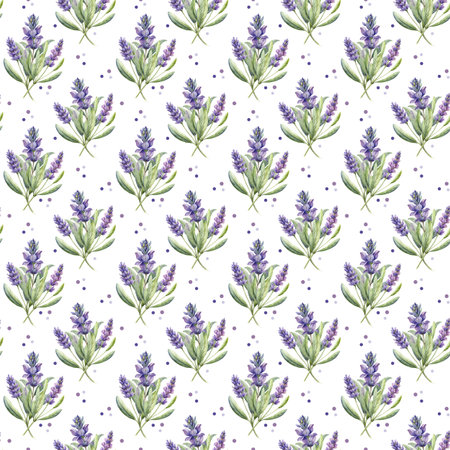 Seamless pattern with lavender flowers. Watercolor illustration.の素材