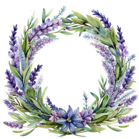 Watercolor lavender wreath. Hand painted illustration isolated on white backgroundの素材