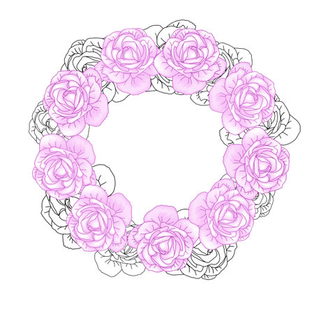 Hand drawn roses head Circle wreath for packaging, social media post, cover, banner, creative post and wall arts. Isolated rose bud sketches in black and pink color. Vector illustration for design on white backgroundのイラスト素材