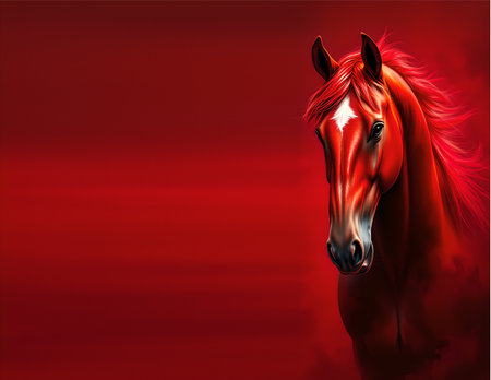 A red horse stallion with flowing pink mane and tail, soaring through a dreamy. 2026 New Yearの素材