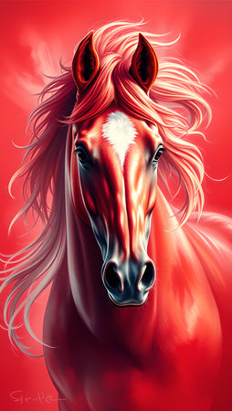 A red horse stallion with flowing pink mane and tail, soaring through a dreamy. 2026 New Yearの素材