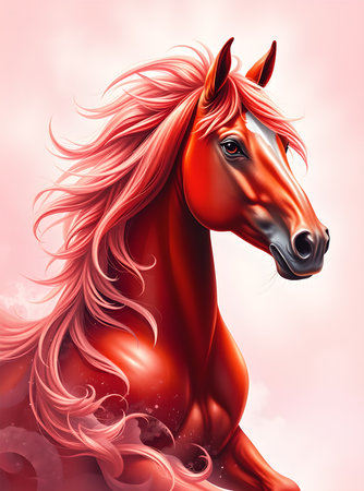 A red horse stallion with flowing pink mane and tail, soaring through a dreamy. 2026 New Yearの素材