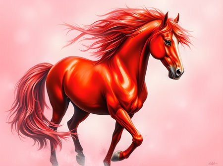 A red horse stallion with flowing pink mane and tail, soaring through a dreamy. 2026 New Yearの素材