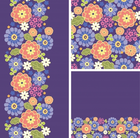 Set of purple flowers seamless pattern and borders backgroundsのイラスト素材