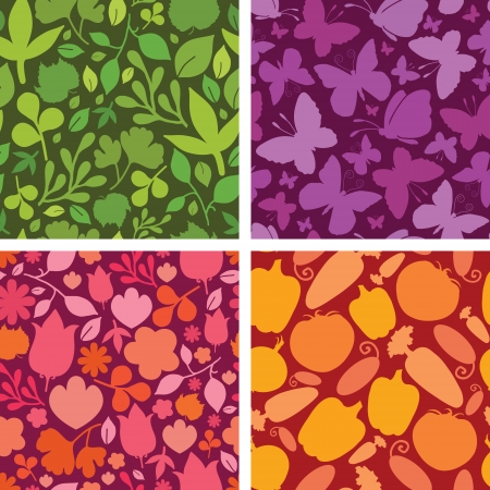 Set of four plants and butterflies seamless patterns backgroundsのイラスト素材