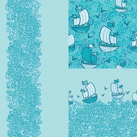 Set of three marine seamless pattern and borders backgroundsのイラスト素材