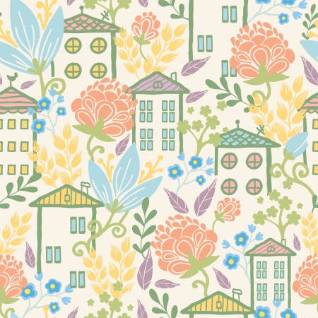 Houses among flowers seamless pattern backgroundのイラスト素材