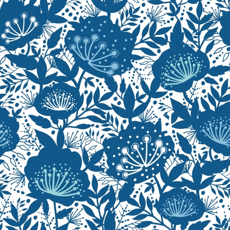 Blue and white garden plants silhouettes seamless pattern backgroundのイラスト素材