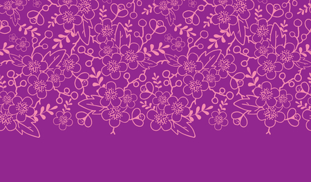 Vector purple florals elegant horizontal seamless pattern background border with hand drawn line art floral elements.の写真素材