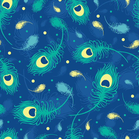 Flying peacock feathers vector seamless pattern background with hand drawn elements.の写真素材