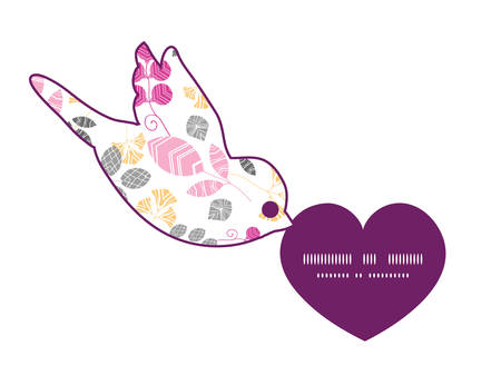 Vector abstract pink, yellow and gray leaves birds holding heart silhouette frame pattern invitation greeting card templateのイラスト素材