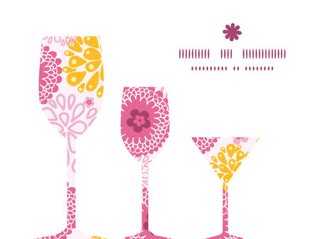 Vector pink field flowers three wine glasses silhouettes pattern frameのイラスト素材